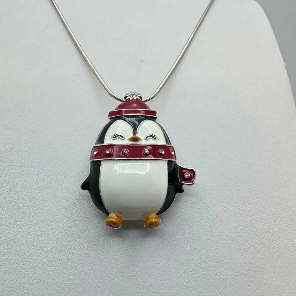 Silver Tone Enamel Penguin Necklace Winter Holiday Cute Boho Long Snake Chain